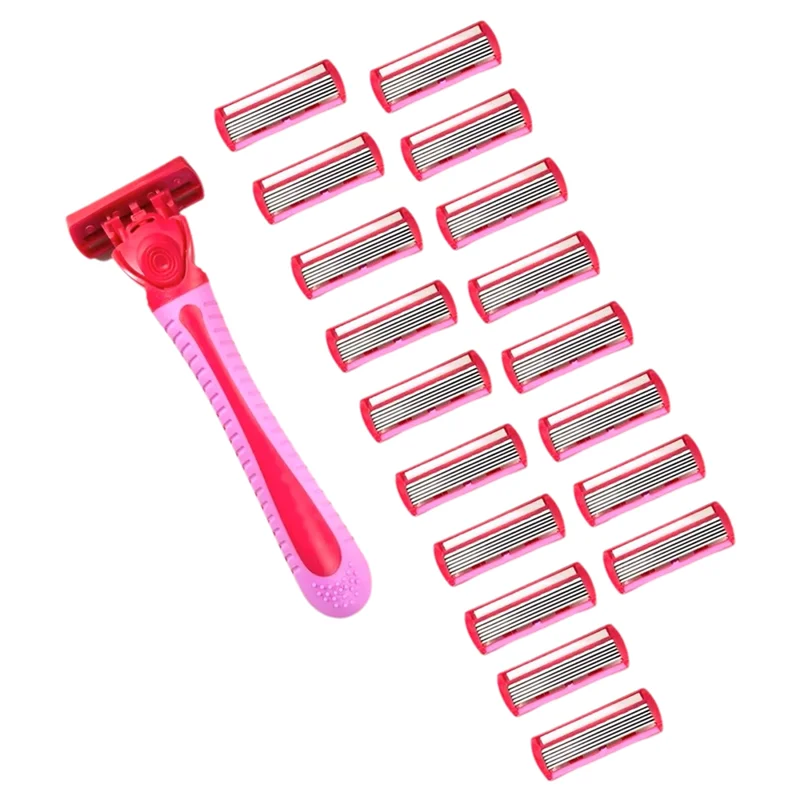 1 Handle + 18 Blades/Women Manual Razor 6-Layer Stainless Steel Hair Removal Shaving Blades Replaceable Shaver Head