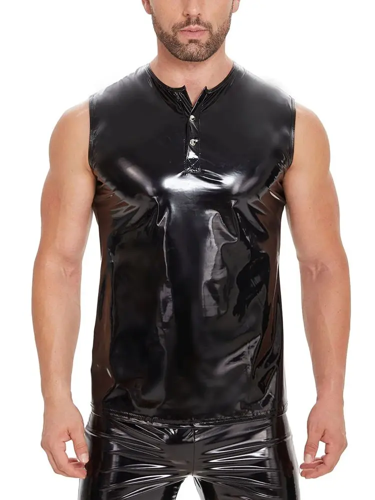 S-7XL Sleeveless Wet Look PVC Tank Top Men Shiny PU Leather Vest Muscle Fitness Tanktop Tight Sexy Hot Shapers Bodybuilding Body