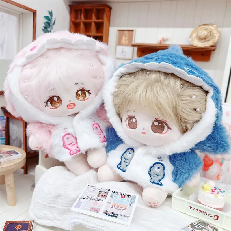 

20cm Cute Cartoon Couple Shark Fluffy Coat Suit Plush Cotton Doll DIY Clothing Accessories Kawaii Soft Stuffed Doll for Kids Toy