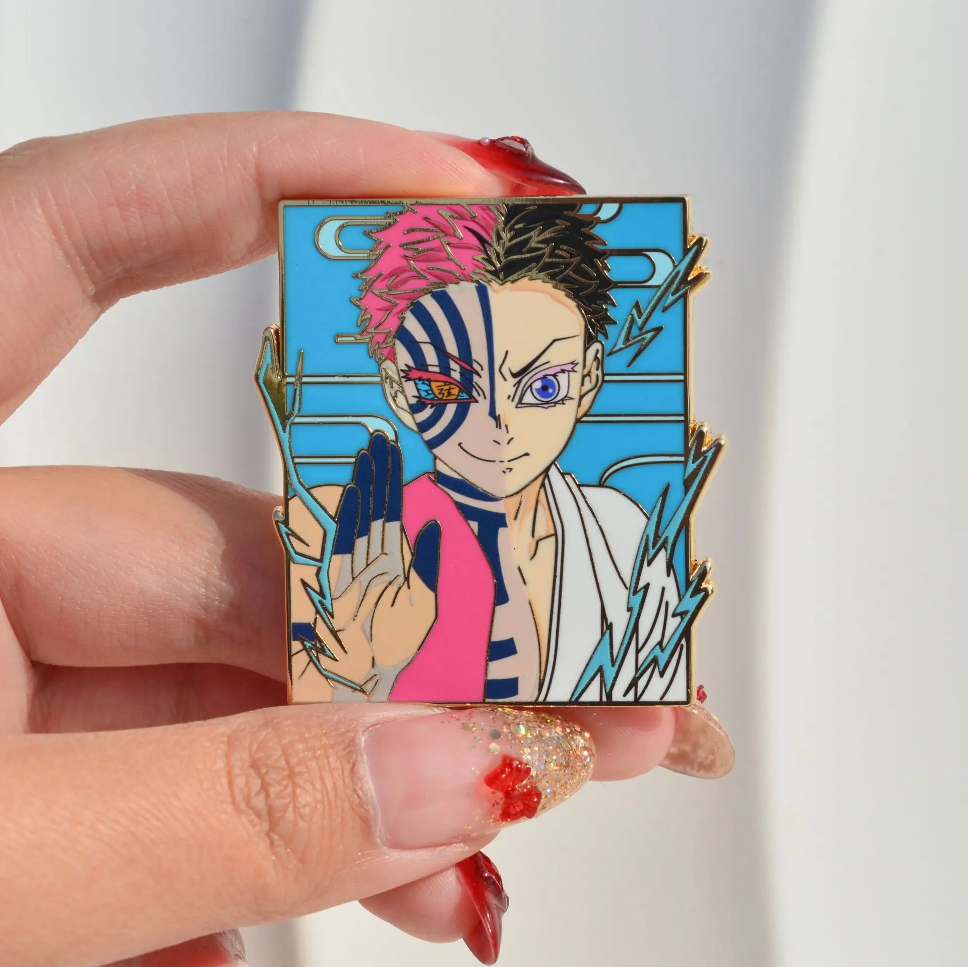 Akaza Hakuji Enamel Badges Anime Demon Slayer Pins Manga Kimetsu No Yaiba Brooches Bag Backpack Clothing Lapel Cosplay Toy Gifts