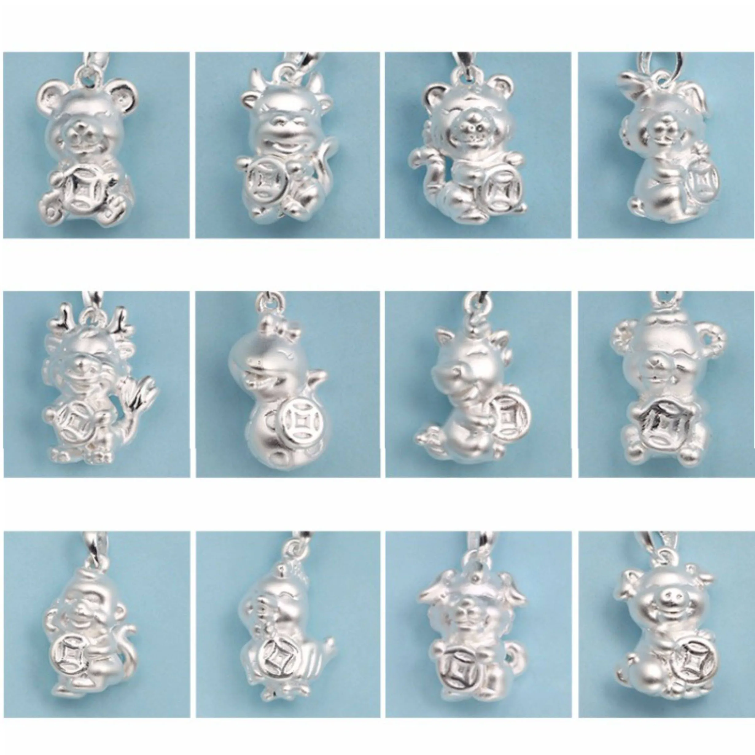 

999 Pure Silver Chinese Zodiac Necklace Pendant Rat Ox Tiger Rabbit Dragon Snake Horse Goat Monkey Rooster Dog Pig Birth Year