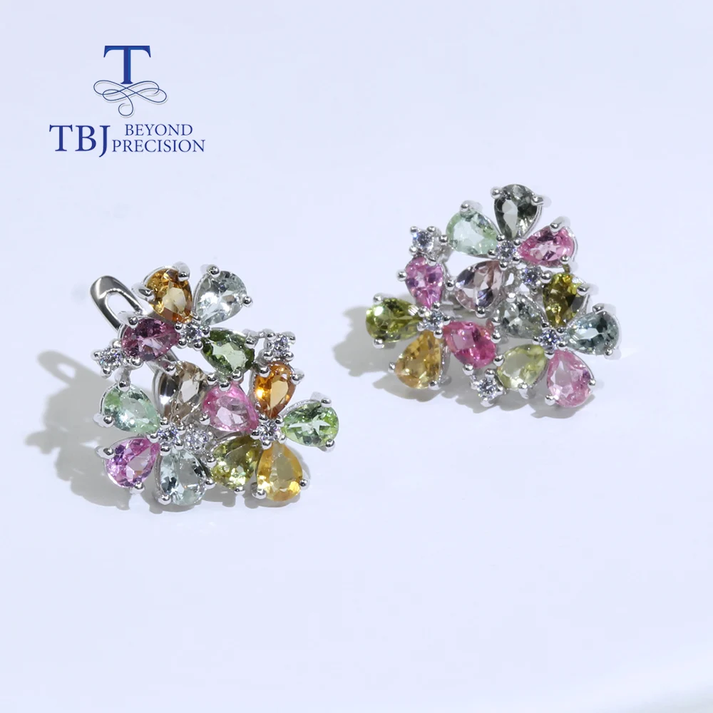 Colorful Brazil Tourmaline Flower  Clasp Earring natural  gemstones 925 sterling silver fine jewelry for women wife gift