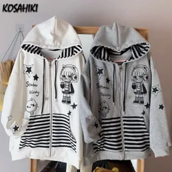 Japanese Cartoon Print Hoodies Women Casual Loose Stripe Patchwork Y2k Aesthetic Zipper Sweatshirt Vintage Gothic Grunge Hoody