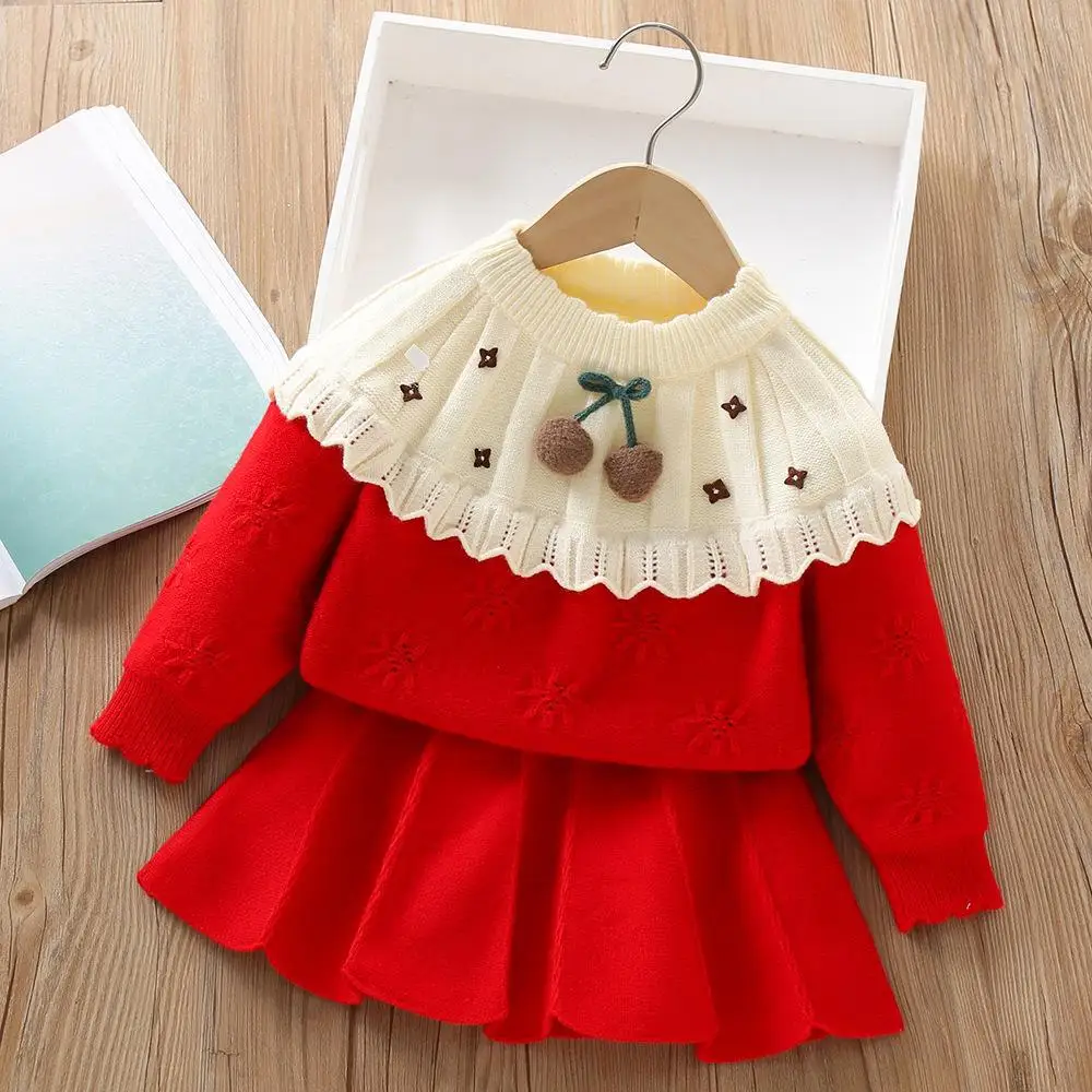 Girls Knitted Clothes Sets Spring Autumn Children Woolen Jersey Sweaters Tops Skirts 2pcs Dress Suit For Baby Party Outfits Kids