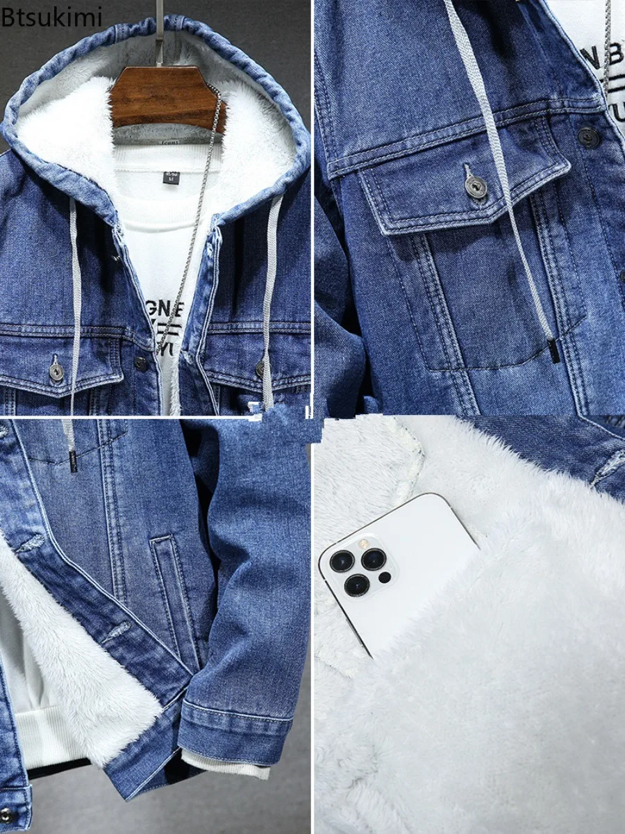 Thicker Winter Jackets Men's Warmer Hooded Denim Lambswool Hooded Padded Denim Jacket Imitation Lamb Wool Fleece Male Clothes
