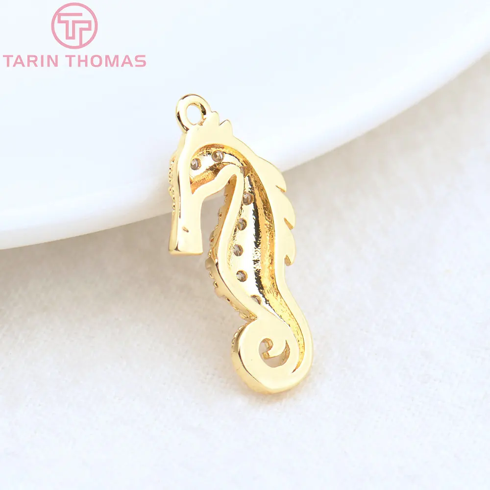 (4485) 4PCS 11x22MM 24K Gold Color Brass with Zircon Hippocampus Charms Pendants  High Quality DIY Jewelry Making Findings