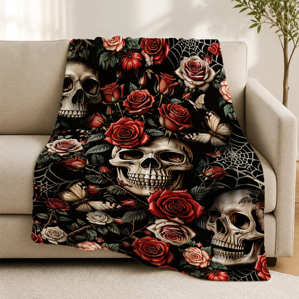 Gothic Skull Roses Halloween Throw Blanket Fall Autumn Decor Spooky Skeleton Print Cozy Couch Throw