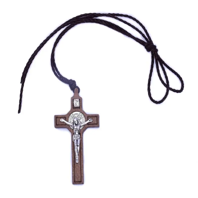 Collier rétro croix de jésus, pendentif en bois et métal, chaîne de prière, gothique, religieux, chrétien, Crucifix, cadeau pour hommes croix
