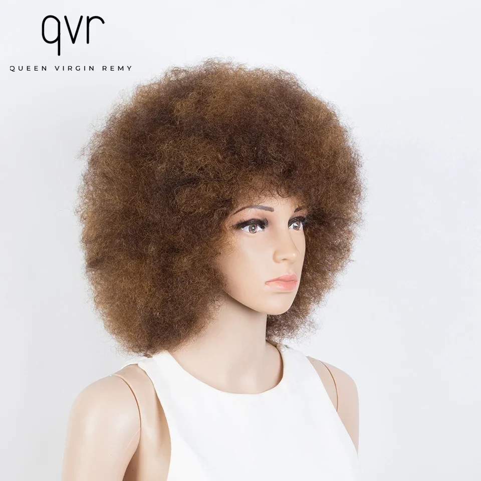 QVR Short Afro Kinky Curly Wigs With Bangs For Women Fluffy Short Afro Curly Wigs Human Hair Wig 180% Density Full Machine Hair