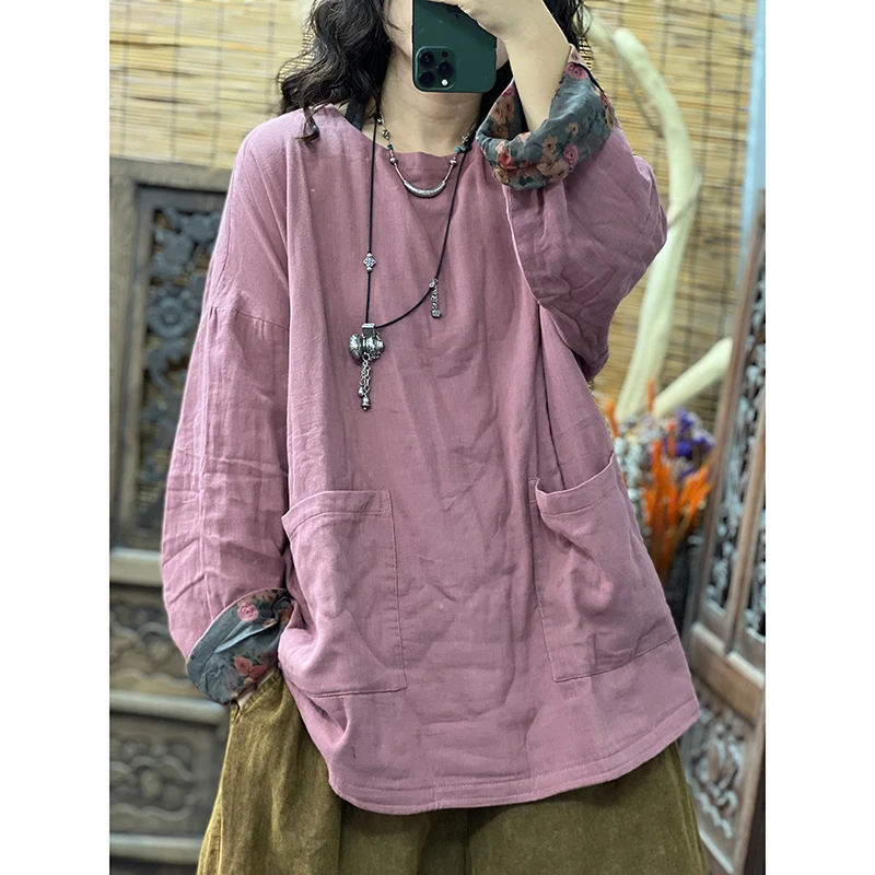 2026 Autumn Arts Style Women O-neck Loose Casual  Tee Shirt Reversible Vintage Print Cotton Linen Tshirt Femme Tops Good Quality