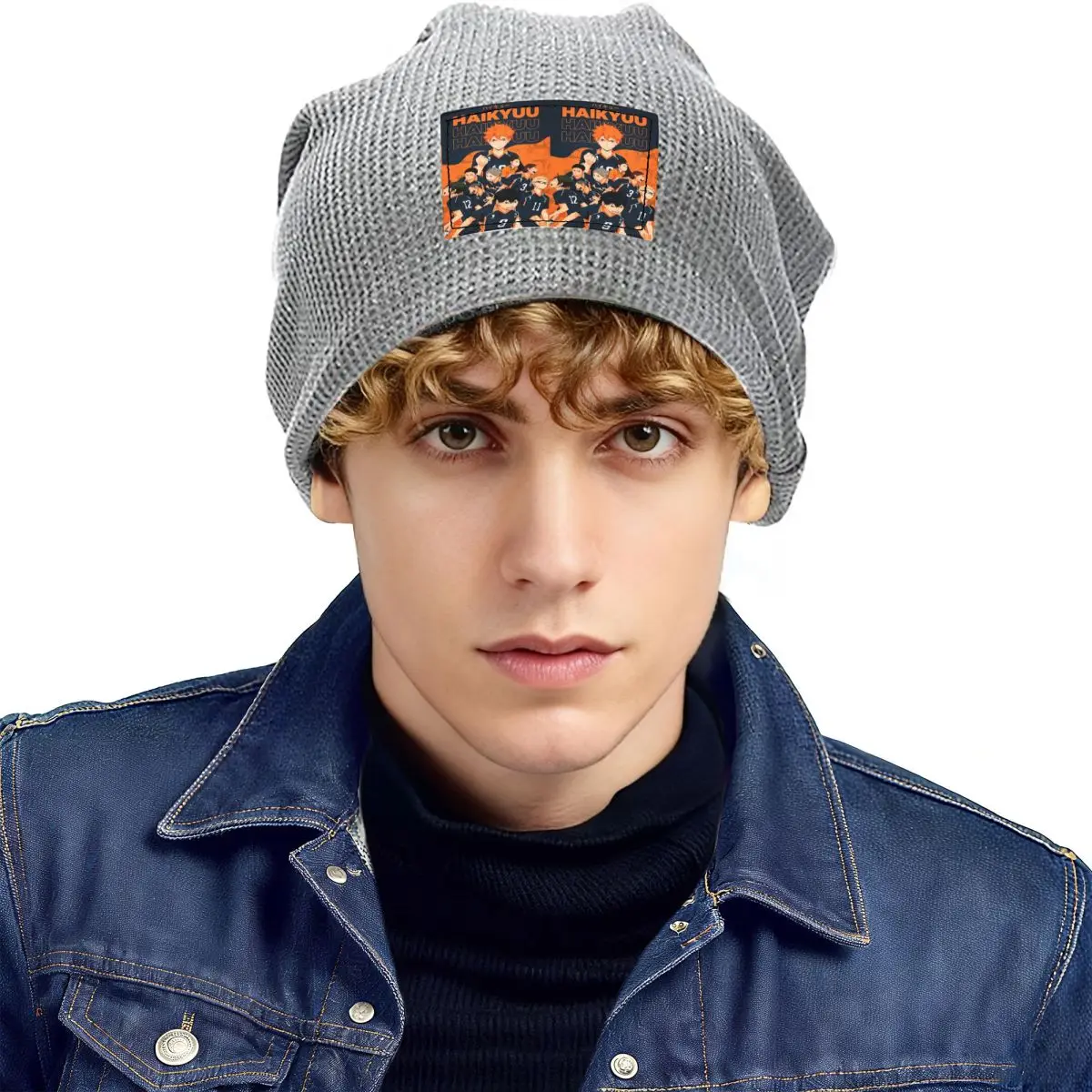 Anime Haikyu Cartoon Manga Waffle Knit Fleece Lined Beanie with PU Leather Patch Unisex Warm Winter Soft Cap