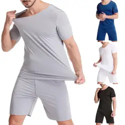 2 pz/set pigiama da uomo set tinta unita O collo manica corta elastico intimo estivo Homewear pigiama di seta di ghiaccio morbido per dormire