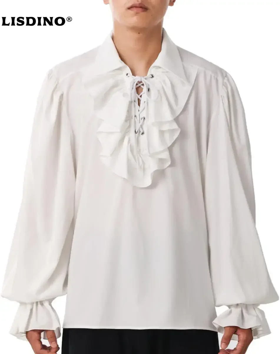 LisdinoGRACEART Camisa pirata para hombre Camisa colonial con volantes Camisa de poeta renacentista Disfraz medieval gótico de vampiro steampunk