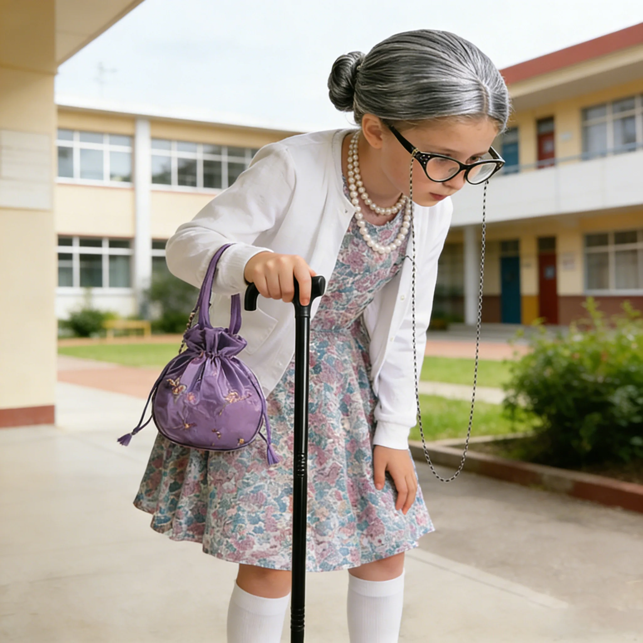 100 Days of School Grandma Wig Necklace, earrings, glasses, socks, bag Sets Old Lady Costume for 4-12year Girls Granny Dress Up