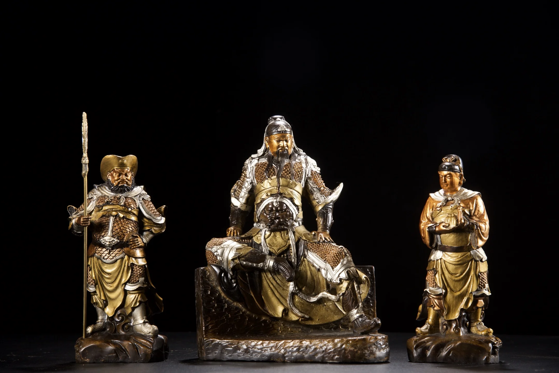 Old Bronze Gilded Silver Painted Guan Gong, Guan Ping, Zhou Cang immortal Standing like Wu Caishen a set Worship Hall