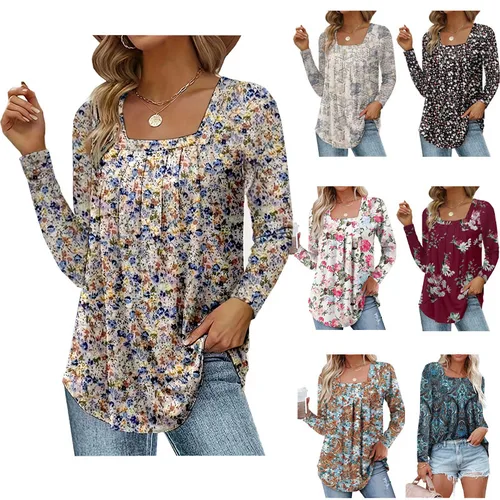 Camiseta floral de cola de manga larga con cuello cuadrado y volantes versátil para ir al trabajo informal elegante para mujer