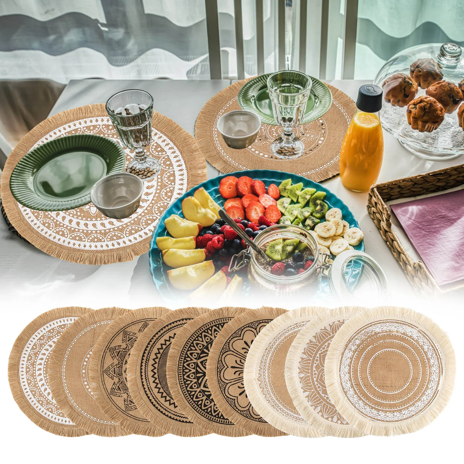 Boho Round Placemats Set of 6 Kitchen Plate Mats Runners for Dining Table Mandala Bohemian Burlap Circle Placemats 15 Inch