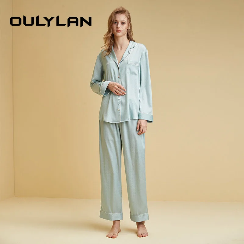 High Quality Pajamas Set Solid Long Sleeve Trouser Sleepwear Suit Loose Home Wear Pijamas Thin Imitation Silk NightwearNightgown