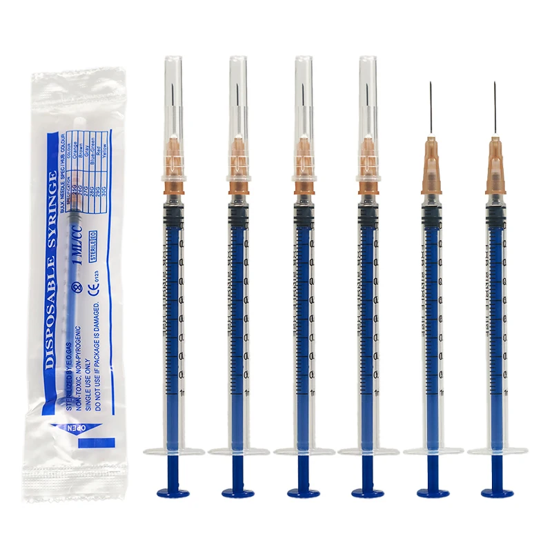 Seringa descartável azul de 1ml/cc, 100 peças com agulha 26g 5/8 polegadas estéril embalada individualmente para distribuição industrial, animais de estimação, animais