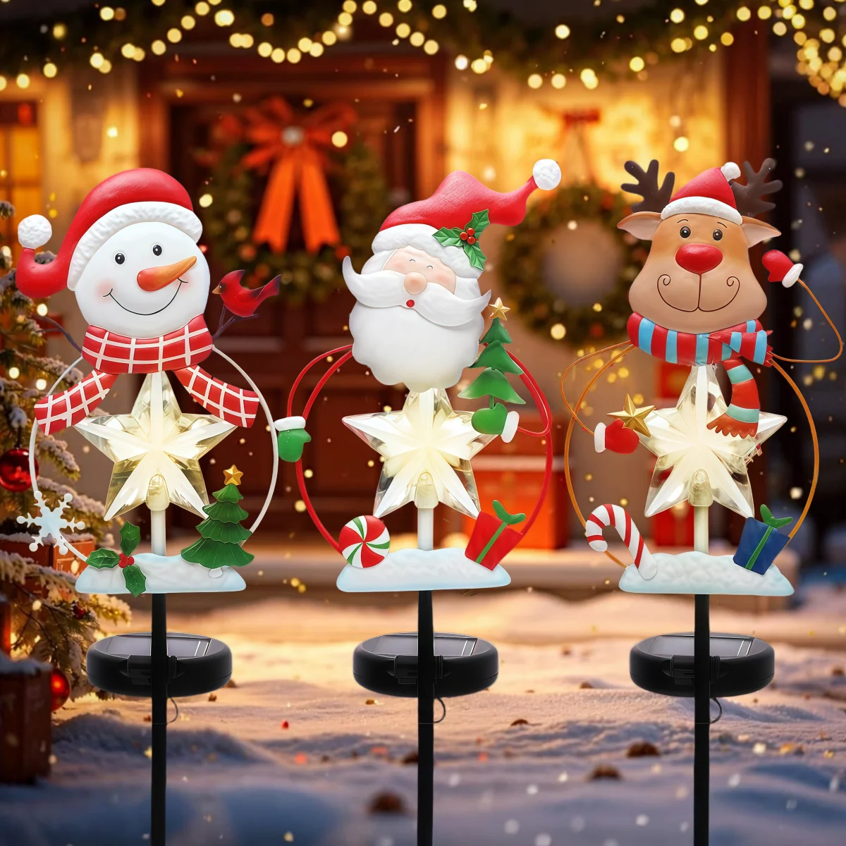 Christmas Stake Decor, Outdoor Garden Solar Light Metal Snowman/Santa Claus/Reindeer Yard Stakes with Lights, Outdoor Solar Christmas, Snowman, Deer, and Lawn Decoration Lights, Christmas Lights for Home Lawn Pathway Holiday Winter Decoration