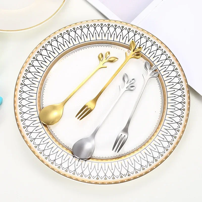 

Christmas Gifts, Kitchen Accessories, Tableware Decoration, 5pcs Spoon, Fork, Coffee Spoon, Stainless Steel, Branch Leaves