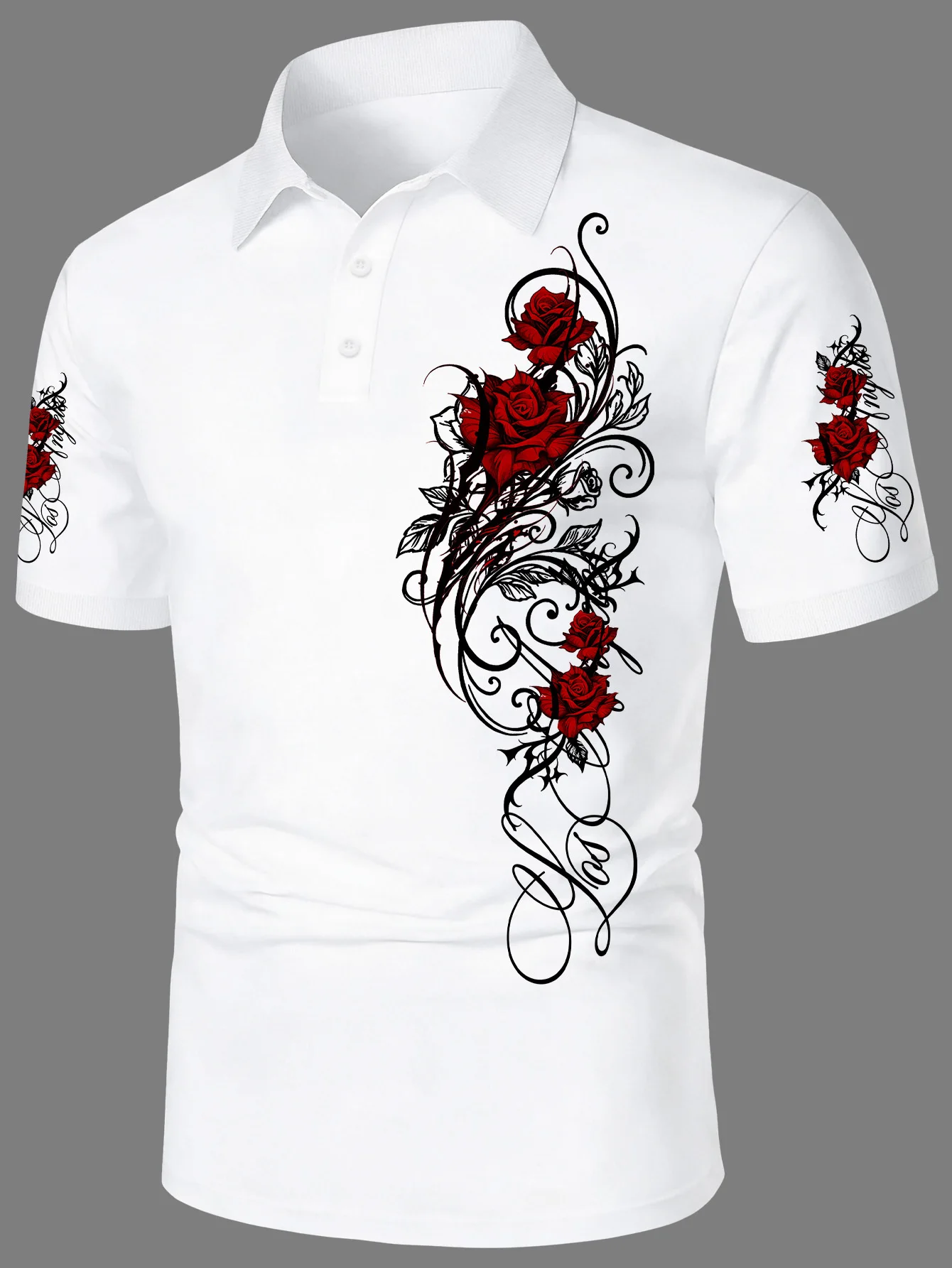 New unisex short sleeved polo shirt with American casual style floral print and rose vine print