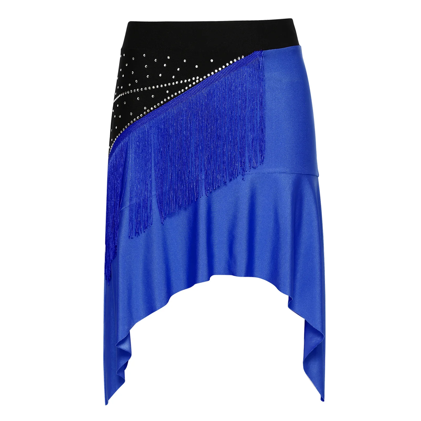 

Womens Latin Dance Skirt Tassel And Glittery Rhinestones Irregular Hem Color Blocking Dance Skirt for Cha-cha Rumba Salsa Tango