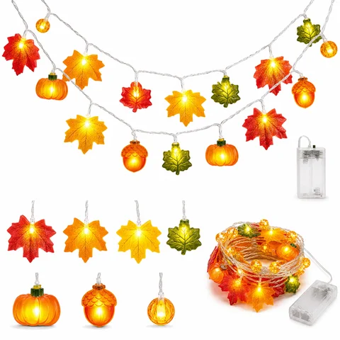 New 1.5M LED Light String Battery Operated DIY Pumpkin String Lights Hanging Maple Leaf Lights Thanksgiving
