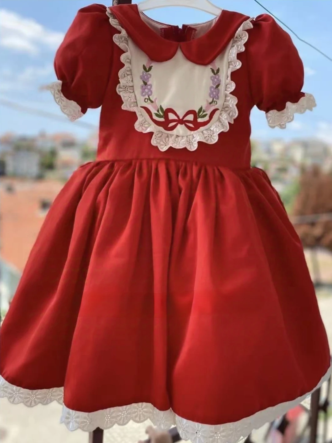 

0-12Y Baby Girl Summer Red Bow Flower Embroidery Vintage Princess Red Dress for Birthday Photography Holiday Eid Christmas B480