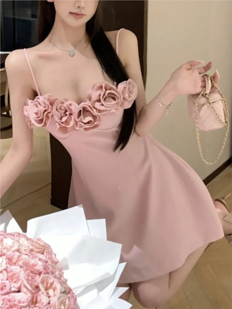 

Women Flowers Sleeveless Tutu Princess Dresses Summer Sexy Spaghetti Straps Sweet Pink Ball Gowm Elegant Chic Party Dress