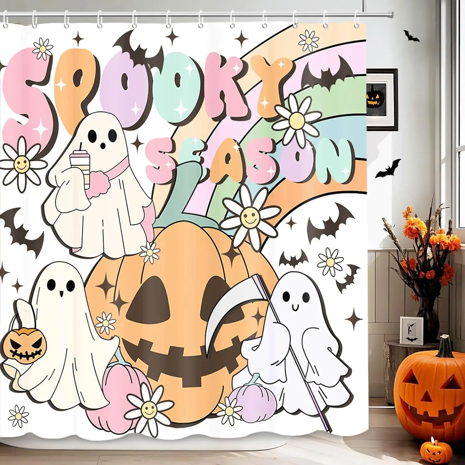 

MEHOFOND Хэллоуин милый призрак занавеска для душа ретро хиппи призрак летучая мышь тыква Дейзи занавески для душа для ванной комнаты винтаж Хэллоуин