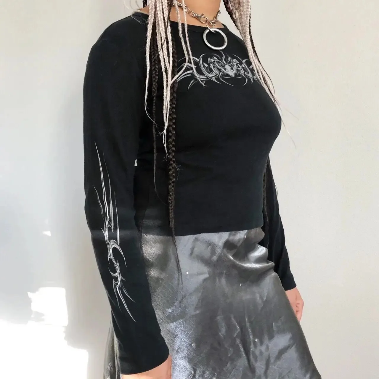 Goth Women T-shirts Blusas O-neck Long Sleeve Skull Print Tunic Woman Clothing Fashion Casual Crop Tops Shirts Y2K Clothing