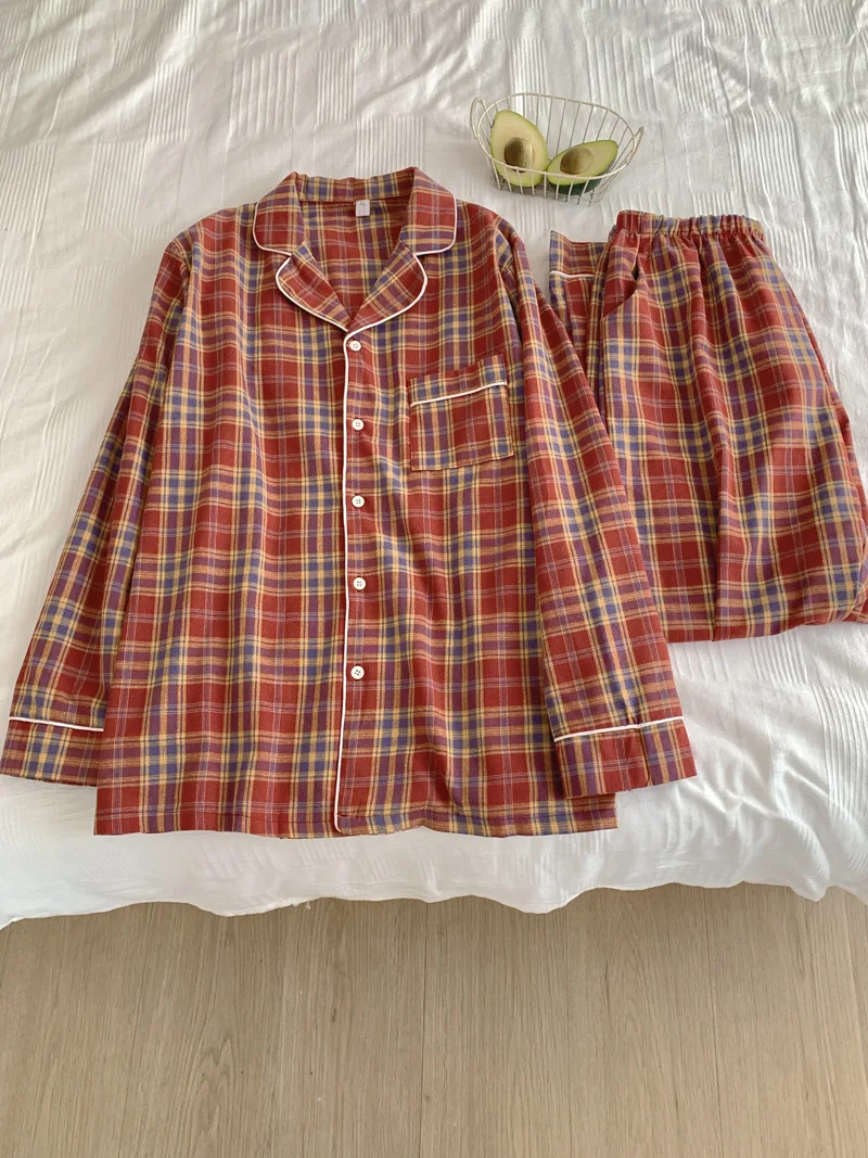 Couple Lovers Plaid Pajamas Set Women V-Neck Lace Ruffles Two Piece Home Suit Cotton Red Homewear Loose Pockets Vintage Korean