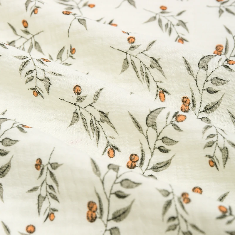 0.5m/1m/2m 100% Cotton Double Layer Crepe Baby Fabric Retro Leaf Fruit Print Soft DIY Baby Pajamas Towel Clothes Sewing Fabric