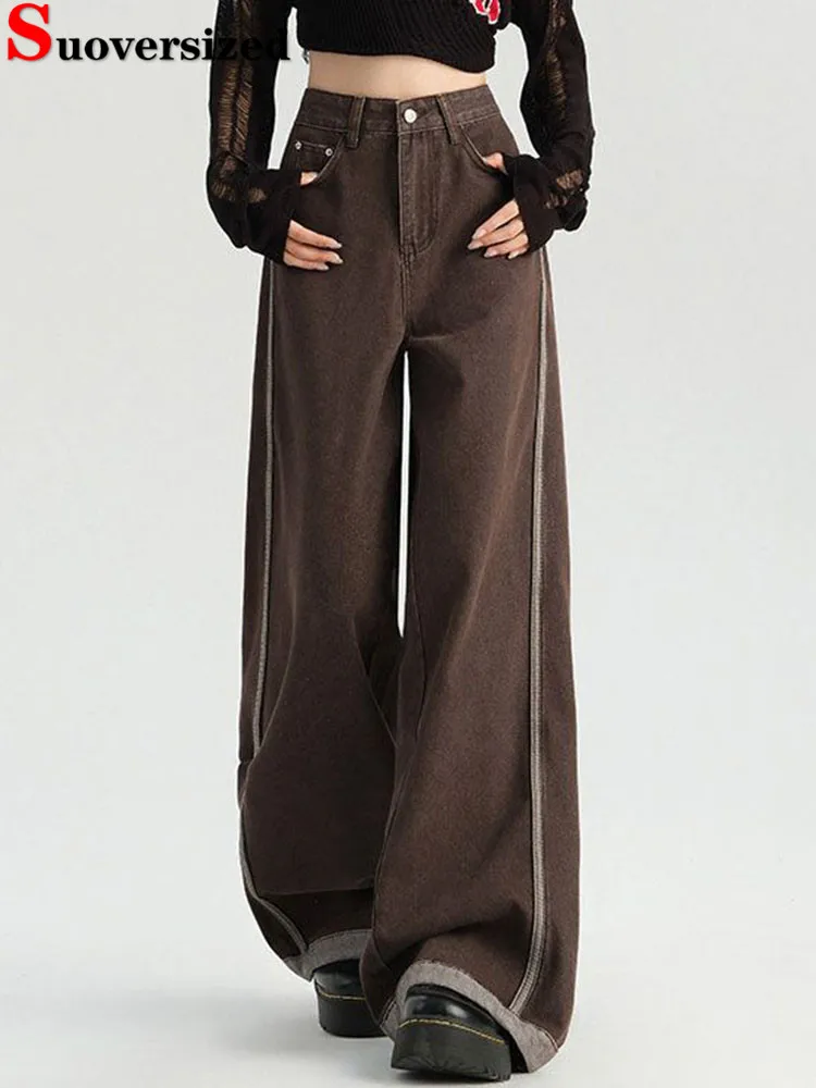 

Прямые джинсы в стиле пэчворк, женские повседневные винтажные широкие джинсовые брюки с высокой талией, корейская модная уличная одежда, мешковатые Vaqueros