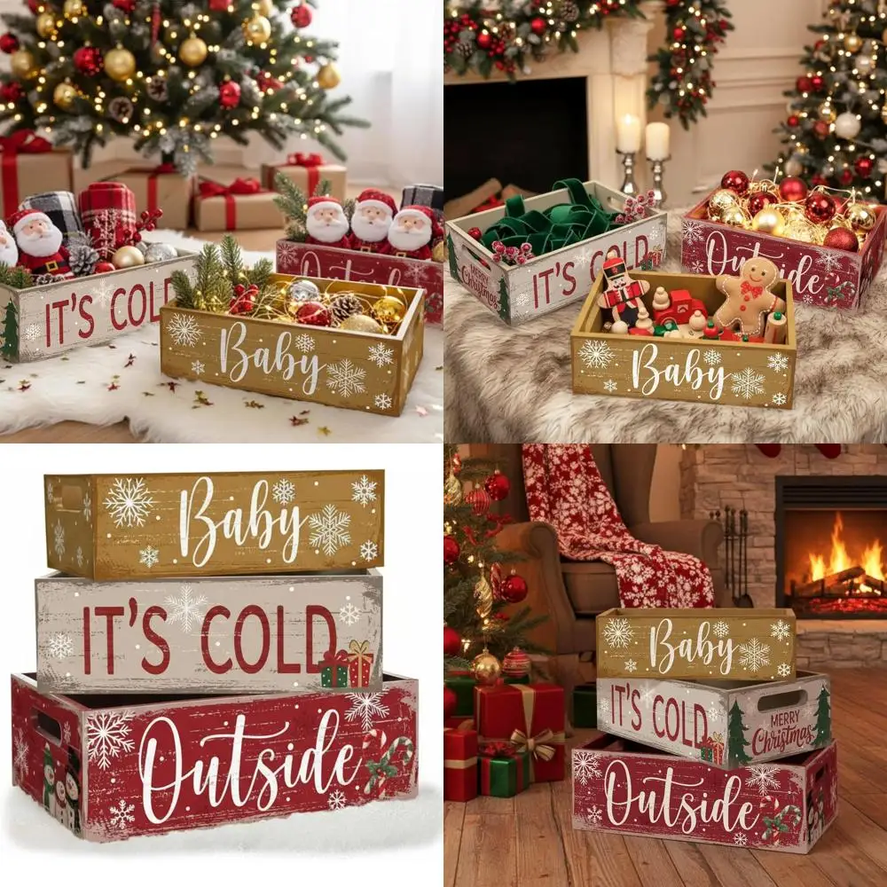 

Vintage Wooden Christmas Storage Box, Rustic Farmhouse Decor, Winter Table Organizer, Ideal for Xmas Candy and Home