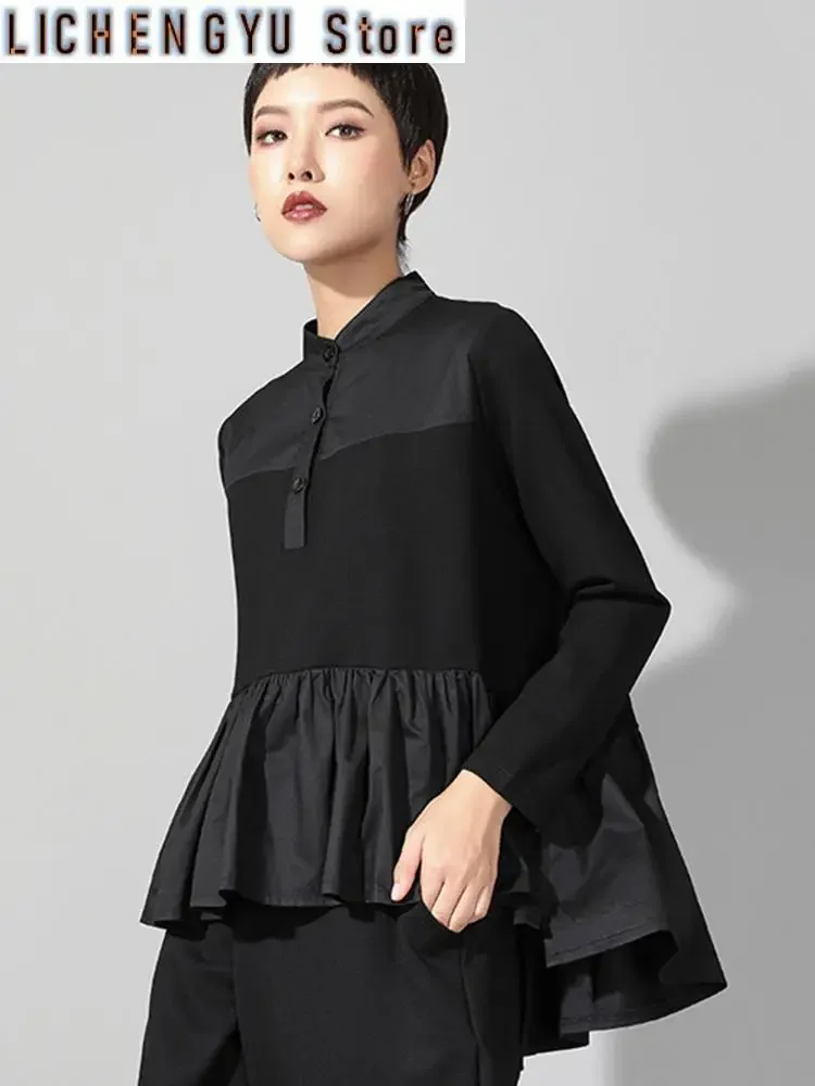 

New Spring Autumn Stand Collar Long Sleeve Black Loose Hem Pleated Stitch Irregular T-shirt Women Fashion Tide