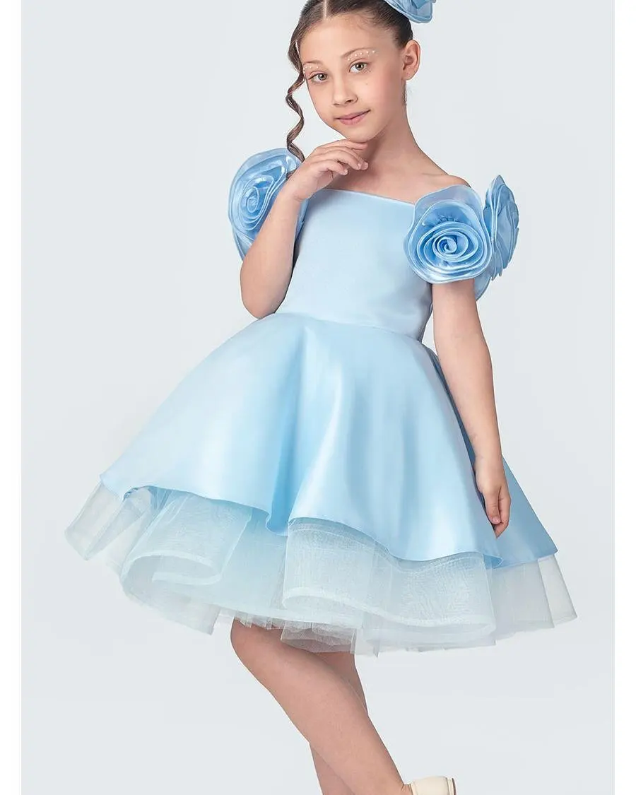 

3D Flowers Satin Tutu Flower Girls' Dresses Luxurious A-line Tulle Ruched Evening Gowns Kids Cute Birthday Party Princess Dress