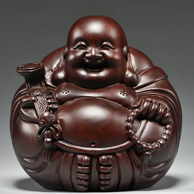 Ebony carved Maitreya Buddha statue sitting of friendly ornaments living room TV cabinet entrance desktop decoration