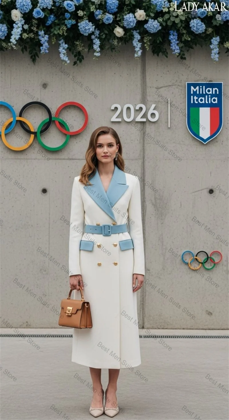 

White Blue Cashmere Women Suit 1 Pcs Long Blazer Wool Prom Dress Winter Formal Office Jacket Customized Wedding Guest Coat