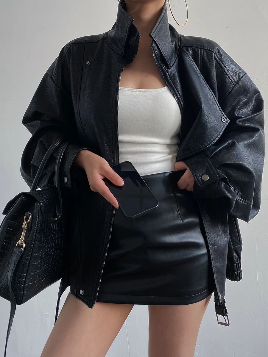 Acupstudio jiangyou superior americano retro gola dupla grande marca de couro jaet feminino solto outerwear outono high-end sentir