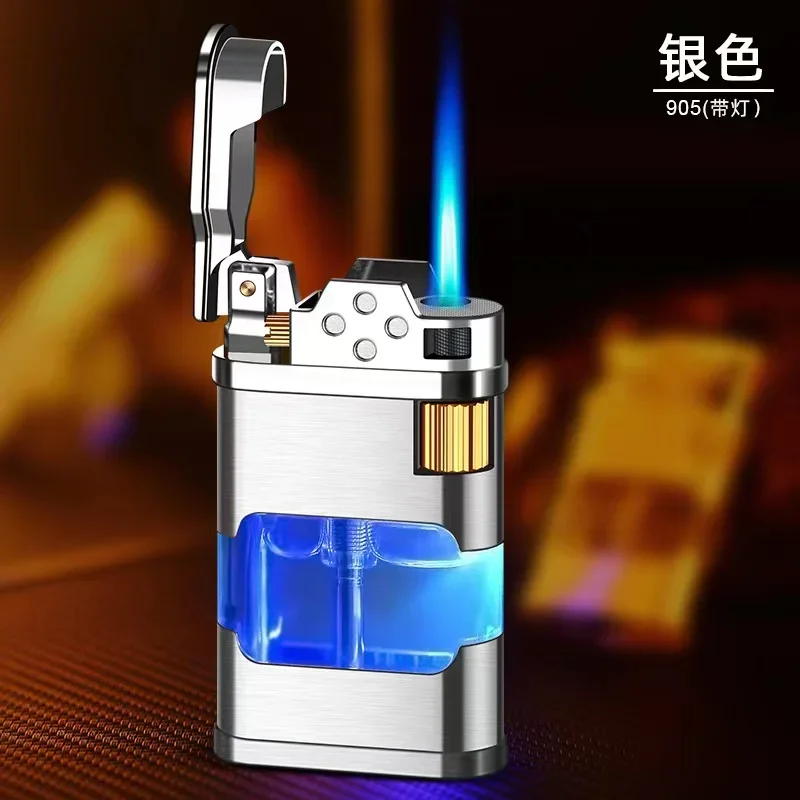 2023Transparent Warehouse Flame Gas Lighter Metal Torch Turbo Unusual  Creative Windproof Blue Butane Cigar Lighter Men\'s Gadget