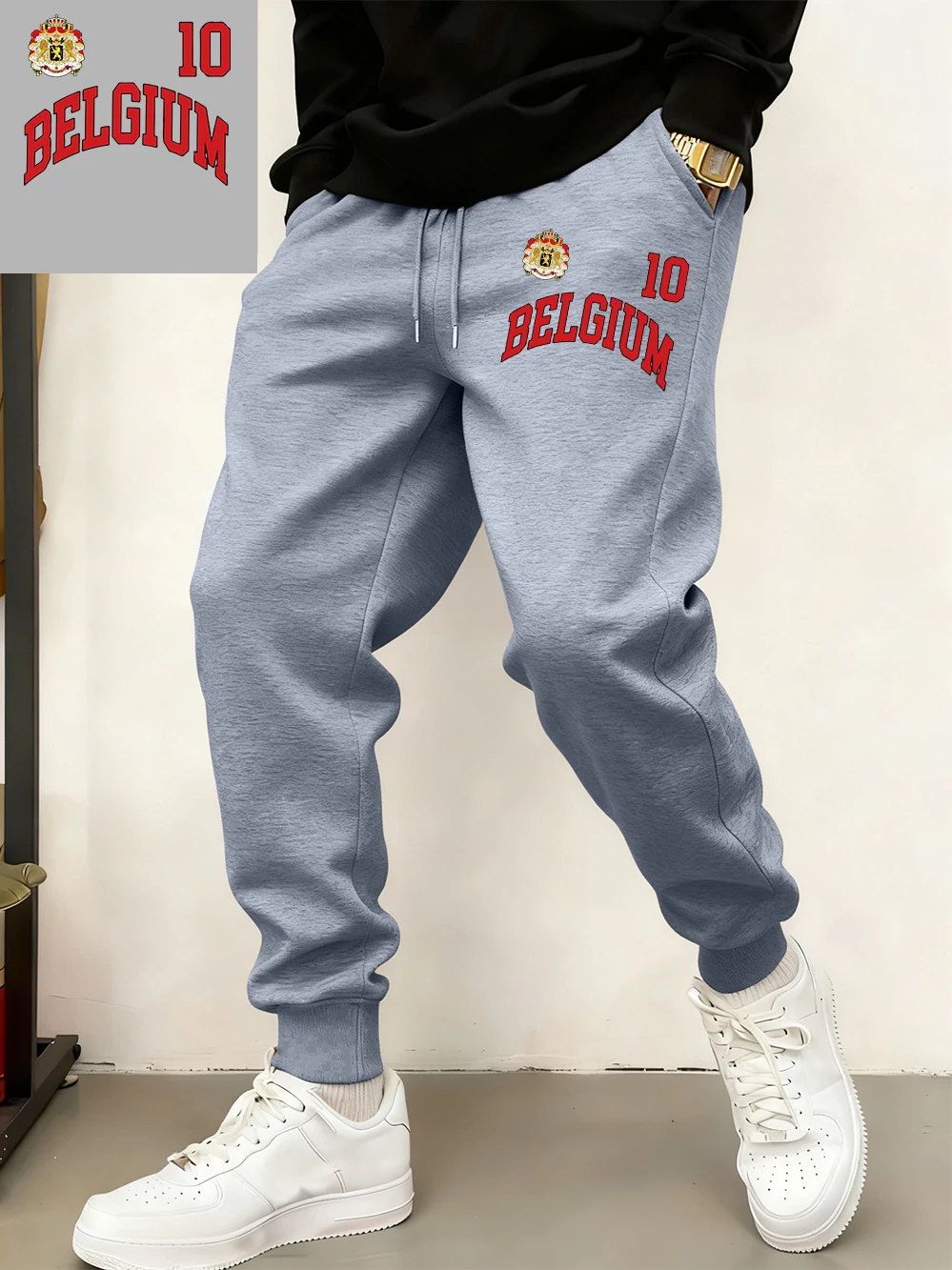 

Belgium Emblem Letter Printed Sweatpants Mens Winter Fleece Warm Jogger Pants Basics Pocket Trousers Casual Loose Male Clothes