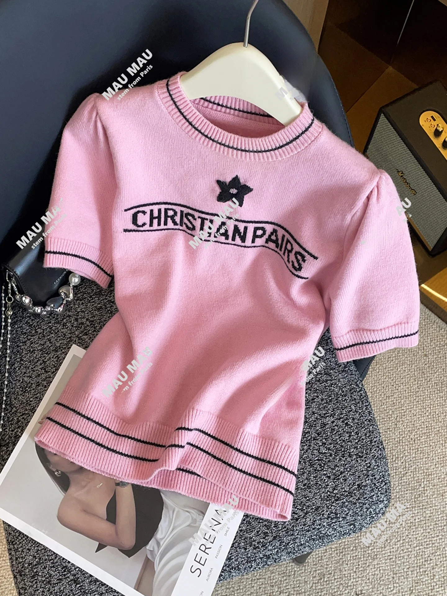 

Sweet Soft Sle Letter Embroidered Knitted T-irt Women's Top Comfortable Breathable ort Sve round Ne Pullover