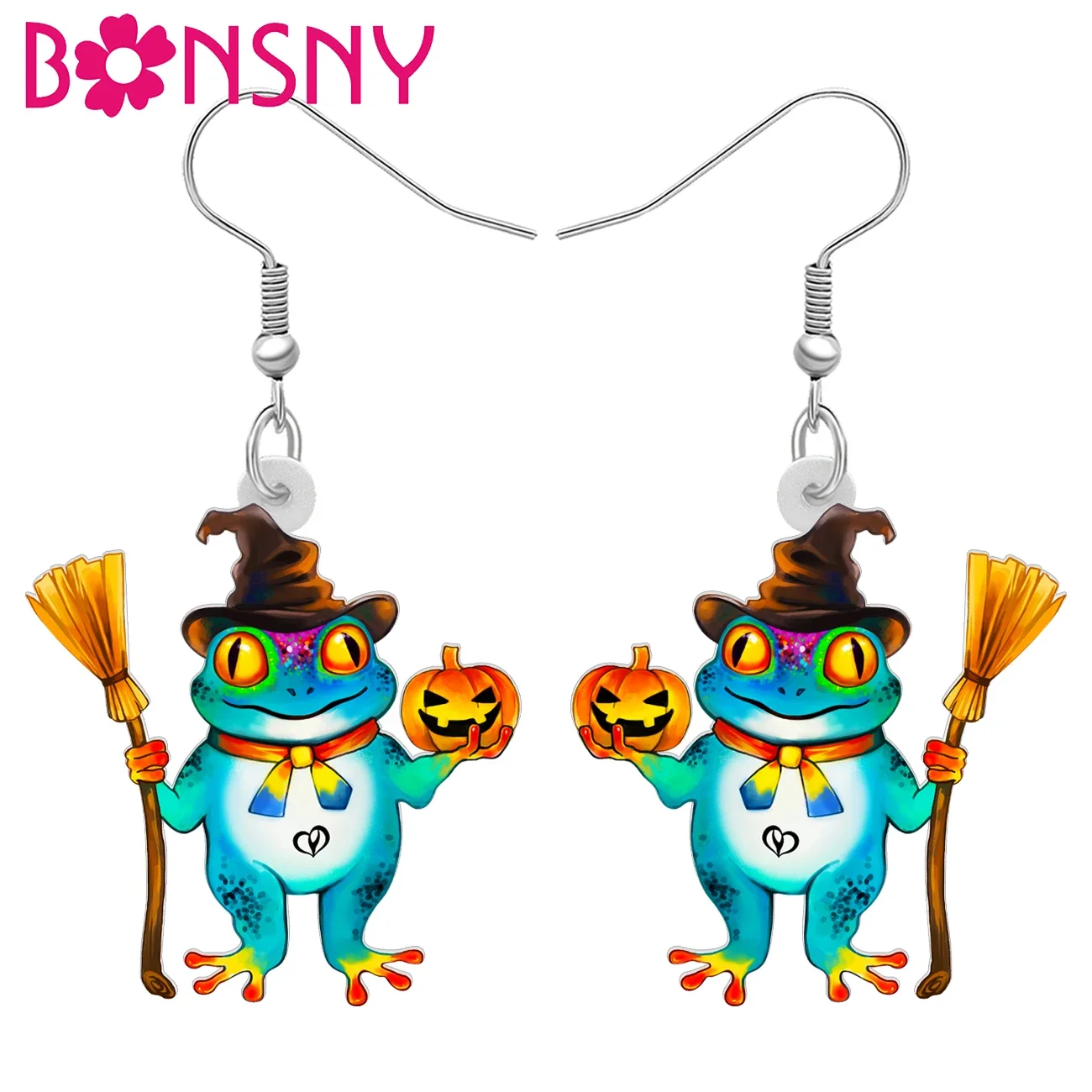 BONSNY Acrylic Funny Frog Broomstick Pumpkin Drop Dangel Earrings Halloween Animals Jewelry Gifts for Women Girls Party Decor