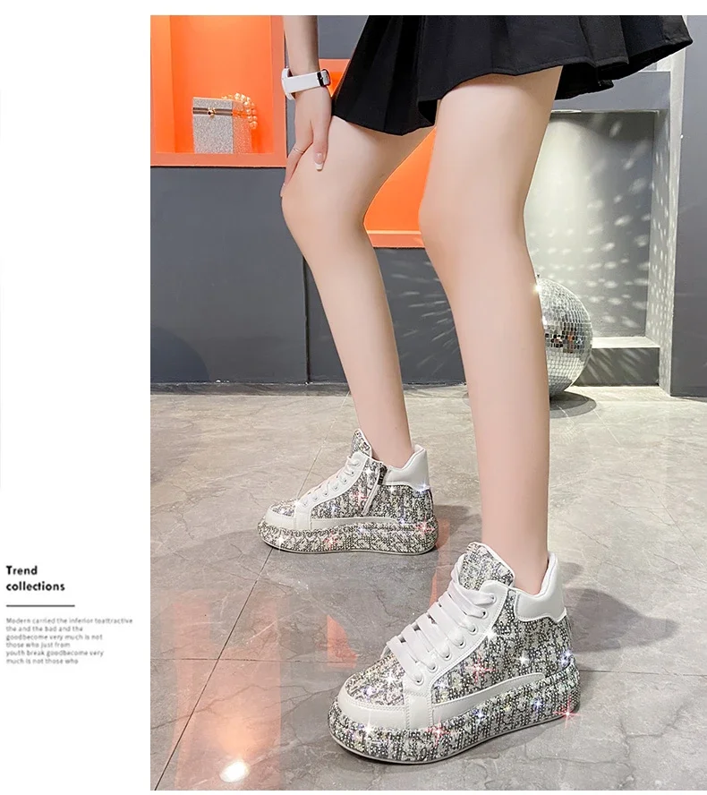 Women's Full Diamond Platform Sneakers Personalized Water Diamond Colored Embroidery Casual Shoes High Top Luxury Sports Shoes