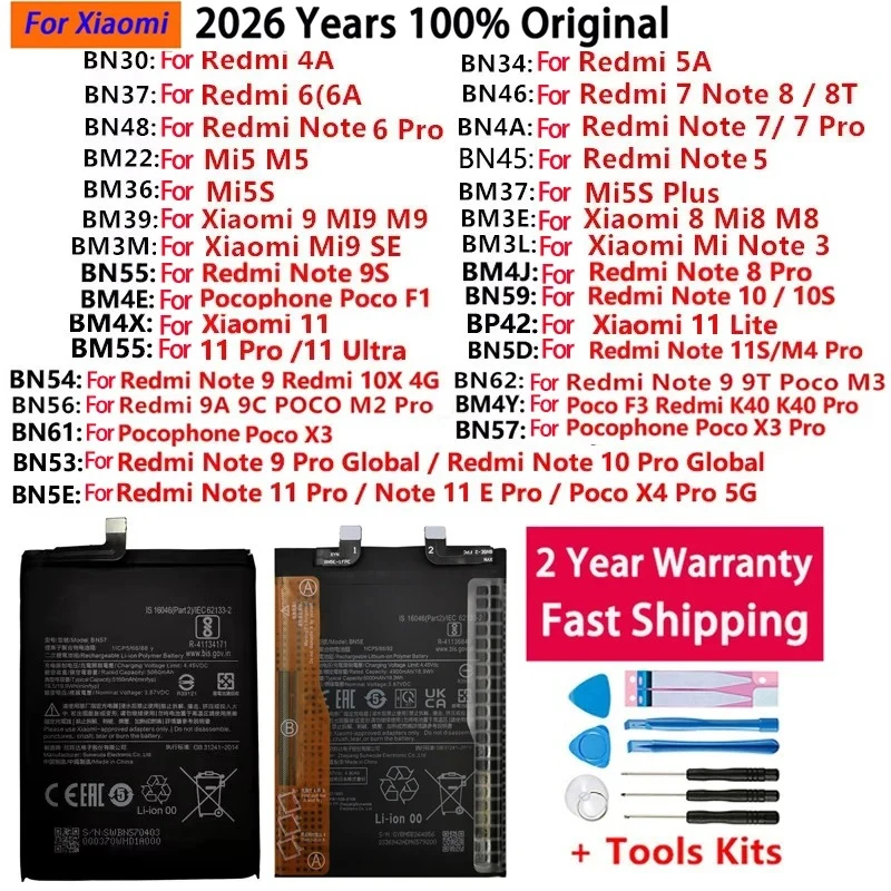 For Xiaomi Redmi Note Mi 4A K40 5 5A 5S 6 6A 7 8 8T 9 9A 9C 9S 9T 10 10S 10X 11 11S SE Poco F1 M2 M3 F3 X3 4X Plus Pro Battery