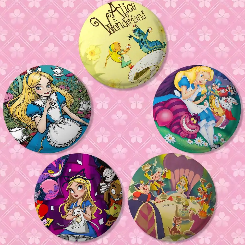 Cartoon A-Alice In W-Wonderland Anime Round Laser Badge Cartoon Brooch Clothes Backpack Accessories Lapel view 3