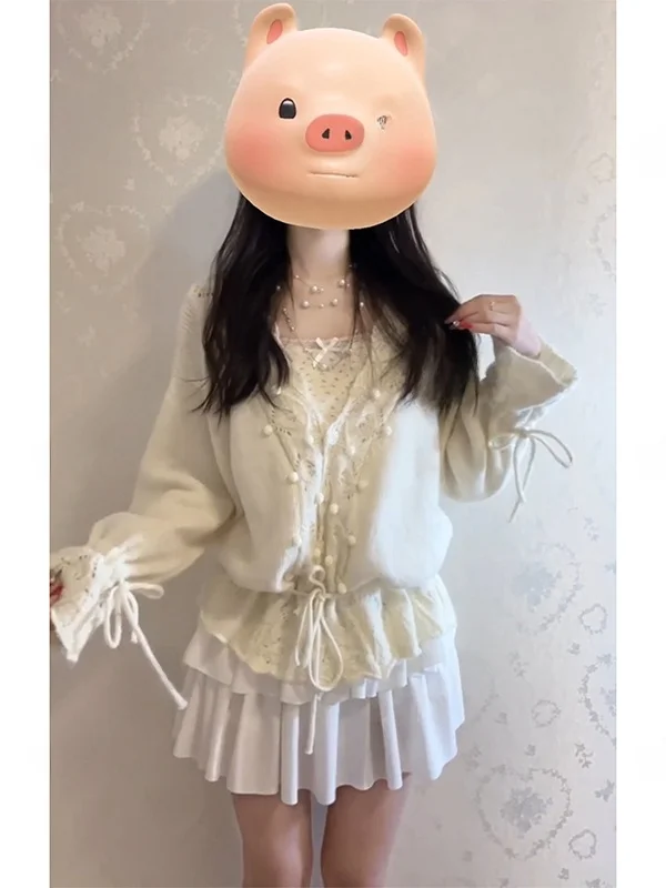 Korean Style Long Sleeve Knitted Open Cardigan Women's Spring Autumn Soft Hook Flower Hollow out Ball Drawstring Sweater