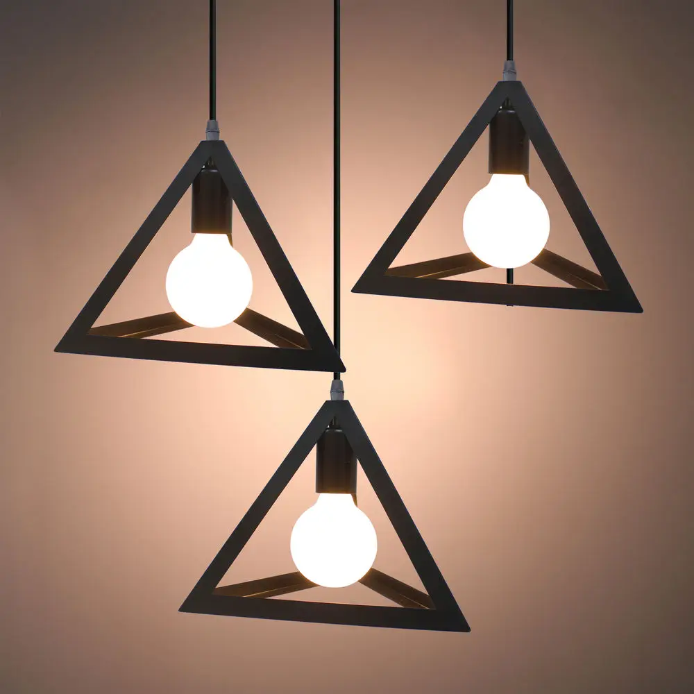 Vintage Triangle Pendant Lamp Wrought Metal Modern Hanging Light Retro E27 Ceiling Chandelier Restaurant Kitchen Indoor Lighting